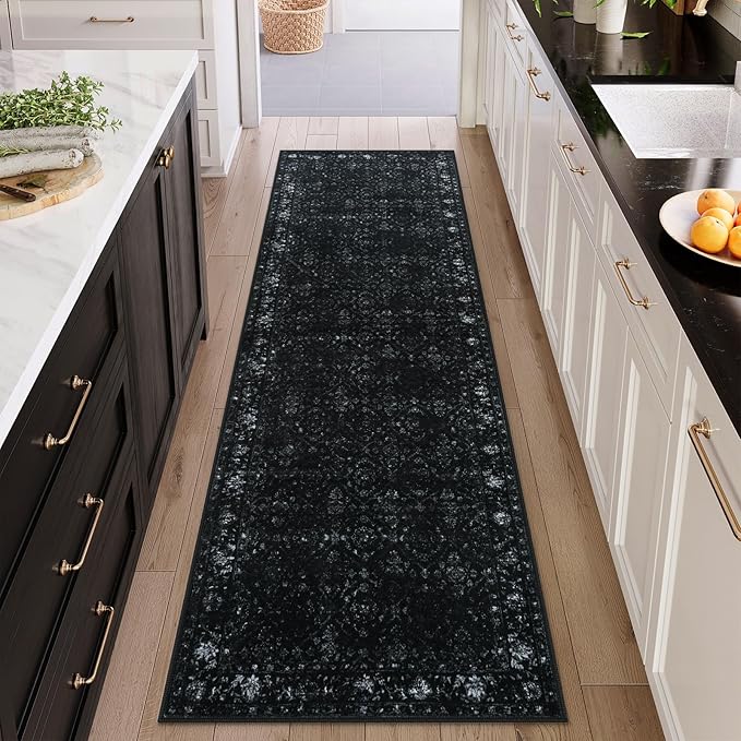 Hedlive Vintage Black Washable Hallway Runner Rug, 2.6x8 Non Slip Runnersfor Hallways Entrance Indoor,Extra Long Kitchen Rug Runner, Soft Floor Carpet for Entry Laundry Bedroom (2'6"x8', Black)