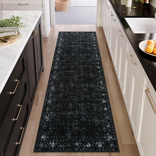 Hedlive Vintage Black Washable Hallway Runner Rug, 2.6x8 Non Slip Runnersfor Hallways Entrance Indoor,Extra Long Kitchen Rug Runner, Soft Floor Carpet for Entry Laundry Bedroom (2'6"x8', Black)