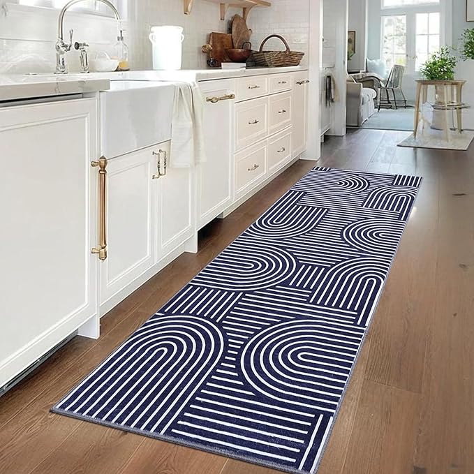 ROYHOME Modern Rug 2.5x10 Runners for Hallways, Abstract Kitchen Runner Rugs Non Slip Bath Mat, Rainbow Washable Runner Rug for Bedroom, Soft Long Rugs for Entryway Bathroom Laundry Dorm, Blue