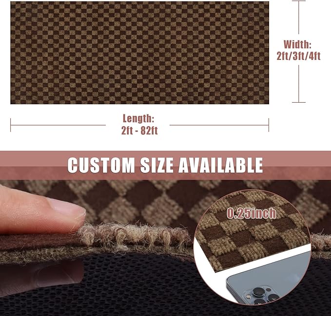 Runner Rug 4 ft x 28 ft Carpet Runners, Indoor/Outdoor Hallway Kitchen Entryway Bedroom Area Rugs with Non-Slip Rubber Backing, Garage mat, Checkered Brown, Custom