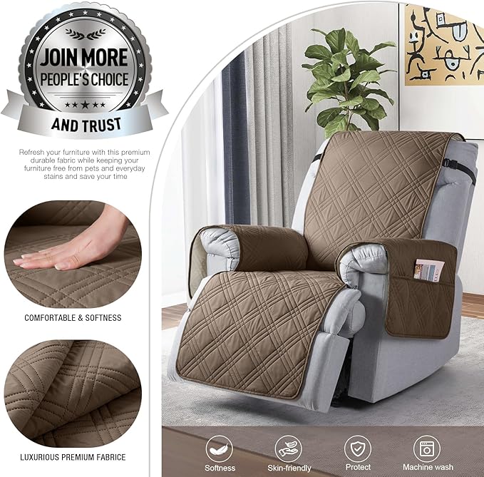 TAOCOCO Waterproof Recliner Chair Covers 30 Inch Wide, Oversized Recliner Covers for Recliner Chair with Pocket, Recliner Slipcovers with Straps Furniture Protector for Kids Pets (30'', Taupe)