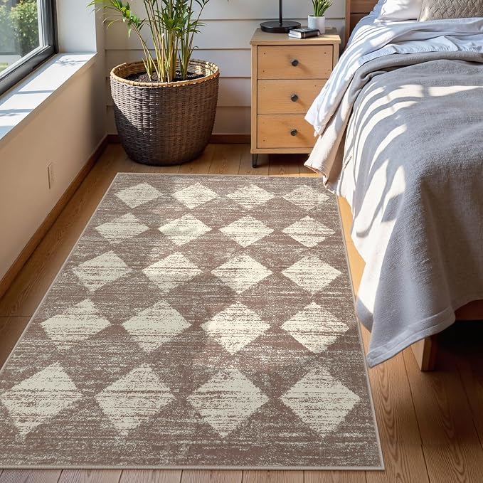 Lahome Zelie Moroccan Treills Area Rug, 3x5 Rugs for Living Room Washable Entry Mat, Checkered Modern Soft Beige Indoor Accent Carprt for Coffee Table Bedroom Family Dinning Room Playroom