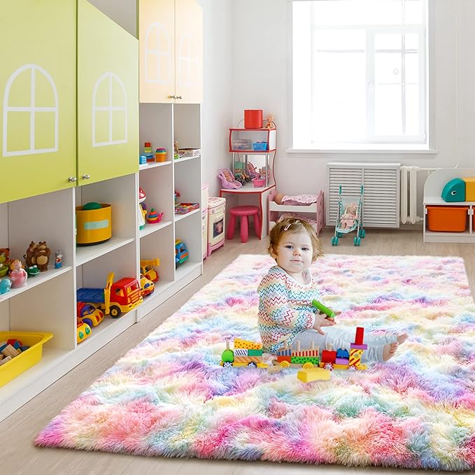 Noahas 6x9 Fluffy Rainbow Rugs for Bedroom Girls,Large Kids Room Rug,Shaggy Area Rugs for Living Room,Big Fuzzy Colorful Playroom Nursery Carpets Room Decor