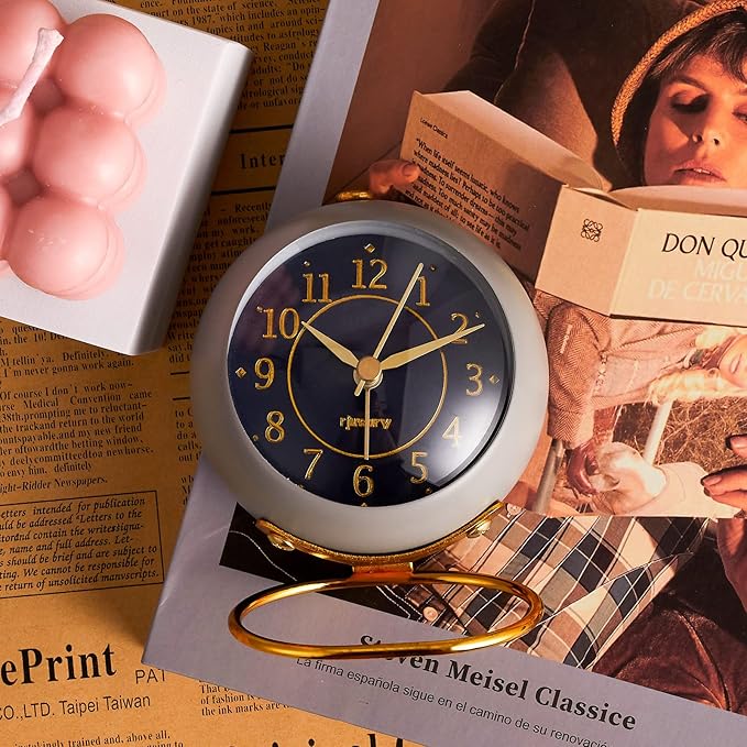 Metal Desk Alarm Clock, Retro Bedroom Table Vintage Analog Alarm Clock, Silent Non-Ticking Gold Clock, Bedside D??cor(Sinor Gray)