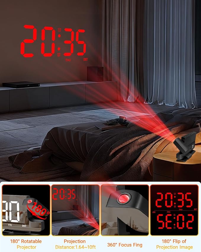 Lamisola Projection Alarm Clock for Bedroom Ceiling, Black Digital Clock - Image 2