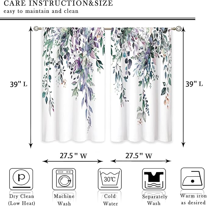 Eucalyptus Botanical Leaves Blue Purple Floral Kitchen Window Curtains over Sink Farmhouse Flower Leaf Small Window Treatment Cafe Short Curtains for Bathroom Treatment Tier Drape 27.5x39 inch