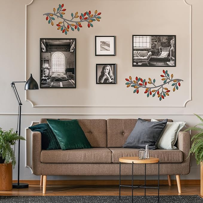 Hotop 2 Pieces Metal Tree Leaf Wall Decor Vine Olive Branch Leaf Wall Art Wrought Iron Scroll Sculptures Above the Bed, Living Room, Outdoor Decoration(Classic Style,Vintage Color)