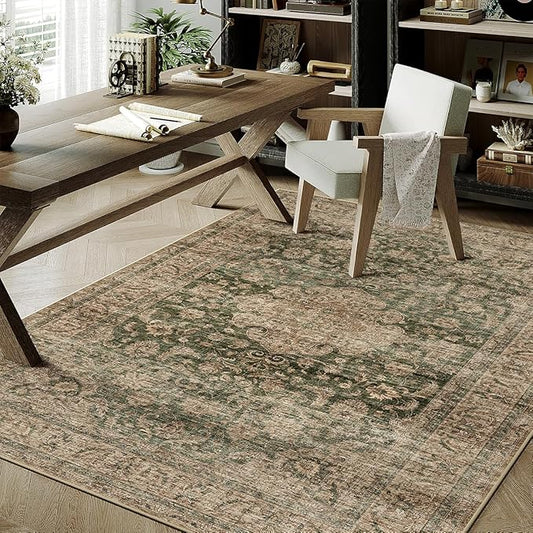 4x6 Washable Area Rug Green Brown Vintage Non Slip Soft Low Pile Rug for Entryway Kitchen Bathroom Distressed Oriental Throw Carpet for Living Room Bedroom Home Decor