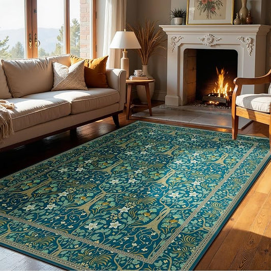 Joydeco Washable Area Rugs 5x7, Boho Floral Dining Room Rug Non Slip, Soft Low-Pile Botanical Forest Indoor Floor Throw Carpet for Living Home Office Playroom Foyer, Dark Blue