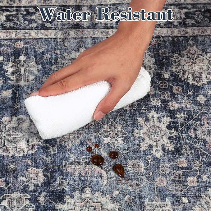 GarveeHome Living Room Rugs 10x13 Large Vintage Printed Area Rugs with Non-Slip Backing, Stain-Resistant Oriental Accent Rugs, Washable Farmhouse Low Pile Rugs for Bedroom, Office, Blue