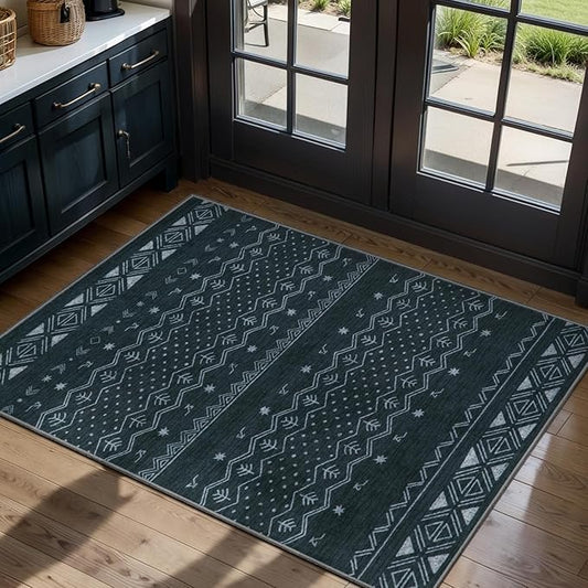 SERISSA 2x3 Rugs for Entryway, Washable Non-Slip Grey Small Area Rug, Soft Low-Pile Boho Geometric Indoor Entry Rug Door Mat Indoor Entrance Front Door Carpet for Bathroom Kitchen Bedroom