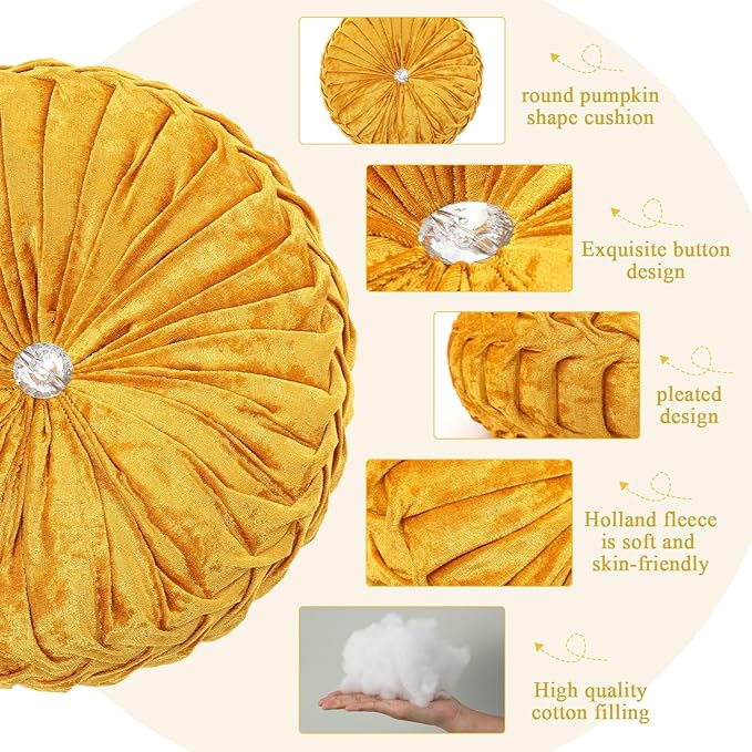 Drydiet 1 Pcs Round Throw Velvet Pillows Decorative Pleated Throw Pillows 15'' Diameter Accent Pumpkin Boho Chair Cushion for Couch Sofa Home Decoration (Velvet Gold)