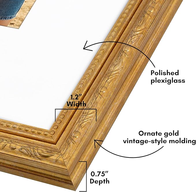 Americanflat 16x20 Picture Frame with Polished Plexiglass - Use as 11x14 Frame with Mat or Display 16x20 Photo Without Mat - Ornate Picture Frames for Wall Display - Gold