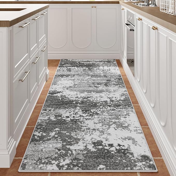 Rug Runners for Hallways Kitchen 2.6x8 Non Slip Washable Grey Entryway Runner Rugs with Rubber Backing 8ft Long Carpet Runner for Laundry Bedroom, Low Pile Stain & Fade Resistant, Abstract Gray