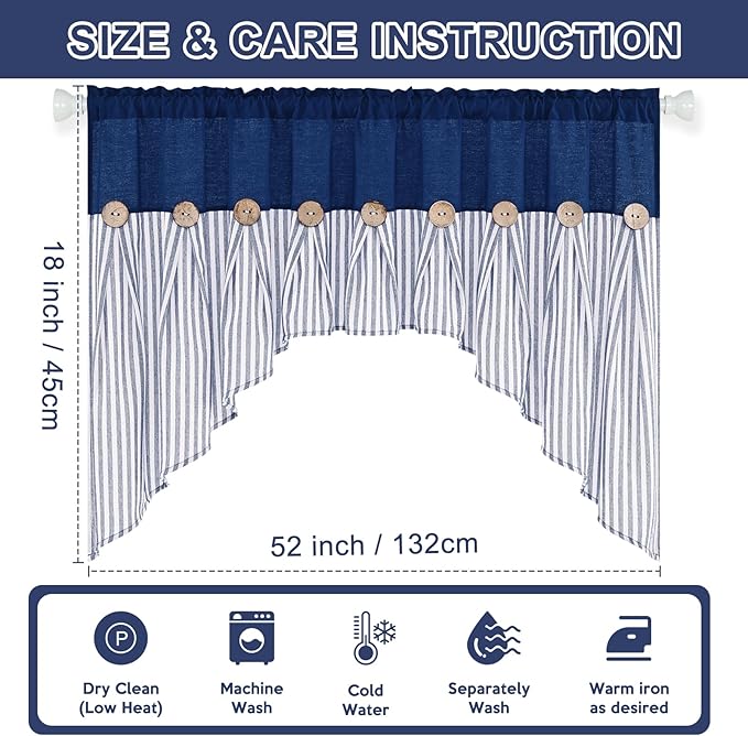 ASPMIZ Farmhouse Cotton Linen Swag Valances for Windows, Boho Rustic Kitchen Curtains Valances with Buttons, Blue Striped Window Treatments Curtain Valance for Bathroom Cafe, 61 x 36 Inch, 1 Panel