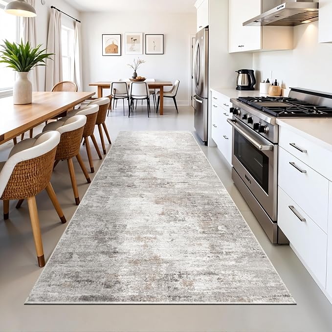 3x12 ft Long Hallway Runner Rug - Non-Slip Washable Kitchen Rug with Rubber Backing,Modern Abstract Neutral Thin Low Pile Floor Carpet Runner for Entryway,Bedroom,Living Room（Beige Grey）