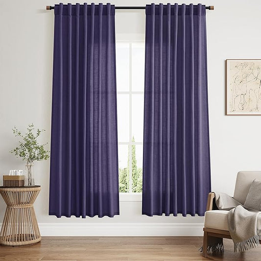 Purple Linen Curtains 72 Inch Long for Living Room Bedroom Lightweight Door Drapes 2 Panels Set, Semi Sheer Light Filtering Back Tab or Rod Pocket Curtain,52x72