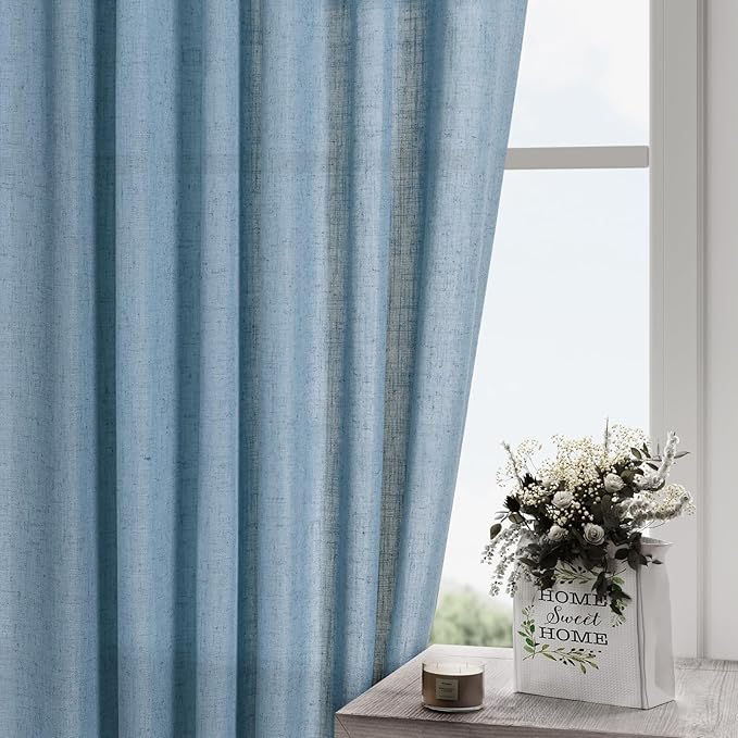 2 Panels Set Dusty Blue Linen Curtains 105 Inches Long for Living Room Extra Long Back Tab Curtains Neutral Farmhouse Light Filtering Semi Sheer Linen Drapes Ceiling to Floor for Large Window