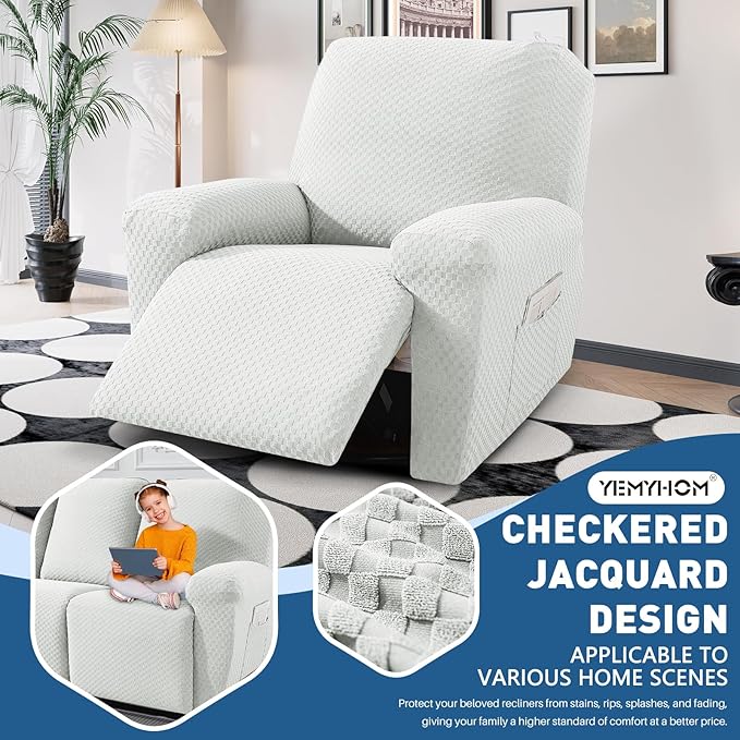 YEMYHOM 4 Pieces Stretch Recliner Slipcover Latest Jacquard Recliner Chair Cover with Side Pocket Anti-Slip Fitted Recliner Cover Couch Furniture Protector with Elastic Bottom (Recliner, White)