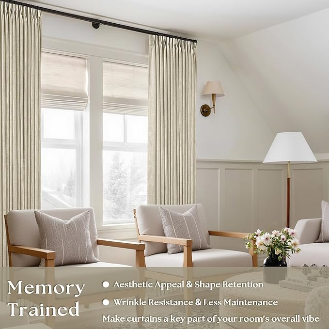 Beige Pleated Linen Curtains 105 Inches Long 2 Panels for Living Room Bedroom Memory Training Shaped Semi Sheer Neutral Flax Burlap Pinch Pleat Drapes Hooks Rings Light Filtering Window Curtain