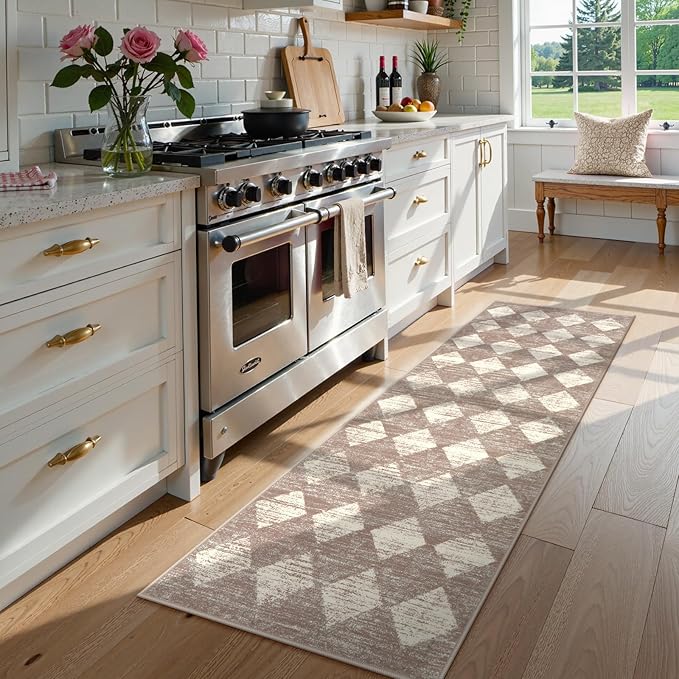 Lahome Zelie Trellis 2x7 Washable Kitchen Bathroom Runner Rug, Non Skid Runners for Hallways with Rubber Backing, Moroccan Entryway Carpet Runner for Laundry Room Foyer Bedside, Beige