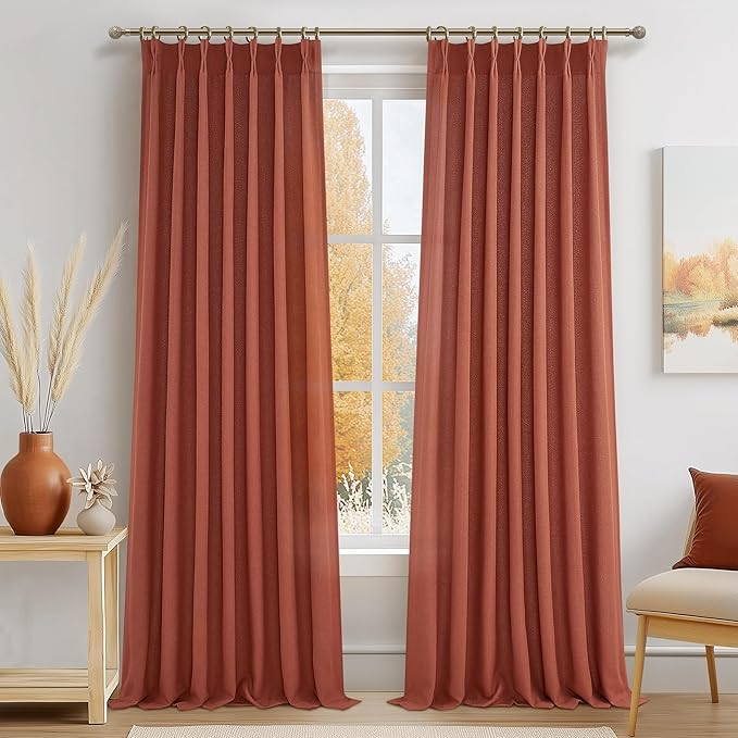 Extra Long Burnt Orange Sheer Fall Curtains & Drapes 108 Inches Long 2 Panels for Kids Room Nursery, Luxury Decor Pinch Pleated Faux Linen Light Filtering Office Floor to Ceiling 40 x 108 Length Burg