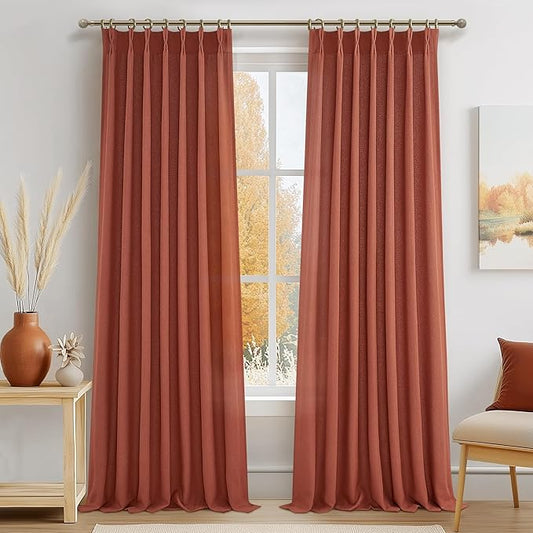 Extra Long Burnt Orange Sheer Fall Curtains & Drapes 108 Inches Long 2 Panels for Kids Room Nursery, Luxury Decor Pinch Pleated Faux Linen Light Filtering Office Floor to Ceiling 40 x 108 Length Burg