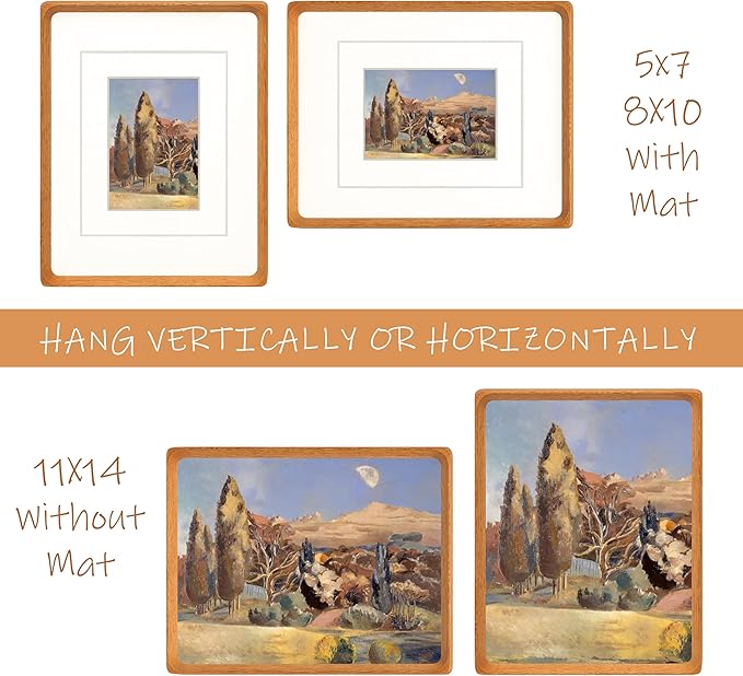 11x14 Picture Frame with Mat for 5x7/8x10, Natural Teak Wood Handcrafted Rounded Corner with Real Glass, Vertical or Horizontal Display Photo Gallery Wall Mounting Frame
