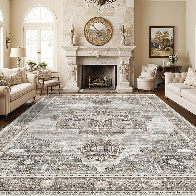 Living Room 10x14 Area Rugs - Washable Lightweight Area Rug Stain Resistant Carpet Vintage Soft Rugs for Bedroom with Non Slip Backing Indoor Ultra-Thin Rugs Home Decor 10x14 Grey