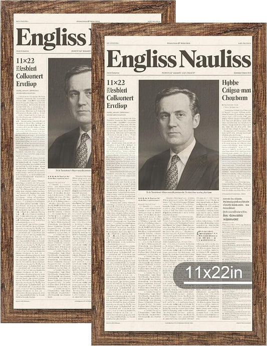 11x22 Newspaper Frame 2 Packs, Real Glass and Rustic Brown Wood Frame, Display Panoramic 11 x 22 Magazine Frames - Horizontal or Vertical Wall Mounting