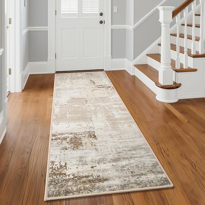 HOMORE 2x6 Runner Rug for Kitchen Hallways Runners Rugs,Beige Area Rug Non Slip Washable Rugs for Entrway Soft Abstract Carpet for Entrance Bedroom Living Room Laundry Bathroom