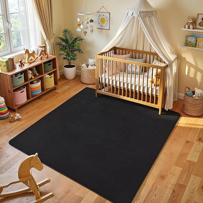 Amearea 5x5 Square Area Rugs for Bedroom Living Room, Modern Black Thickened Memory Foam Rug, Fluffy Indoor Washable Rugs Non Slip Minimalist Carpet for Kids Boys Girls Dorm Nursery Room Decor