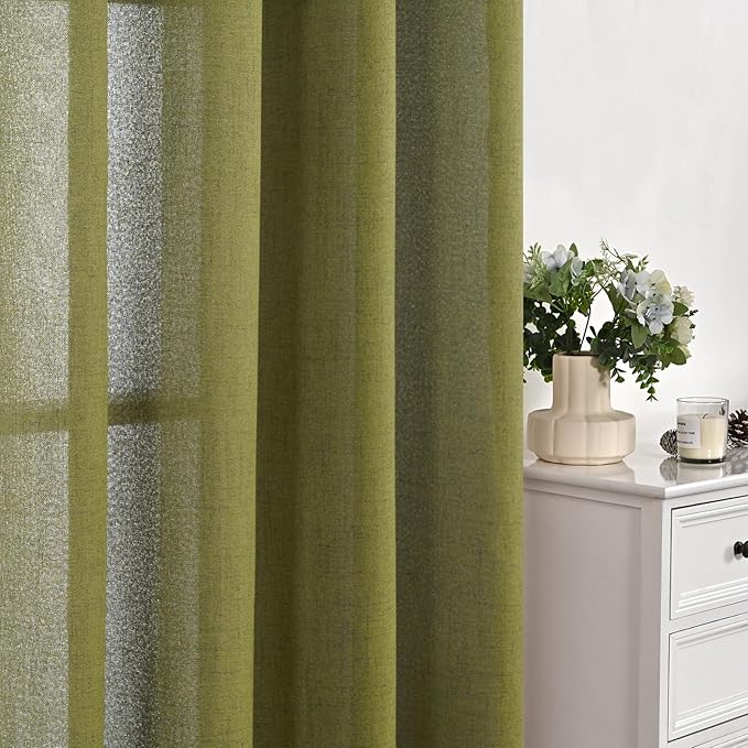 YoungsTex Olive Green Linen Curtains 63 Inches Length 2 Panels Textured Window Drapes with Bronze Grommet Privacy Light Filtering for Living Room Bedroom Office, 52 x 63 Inch