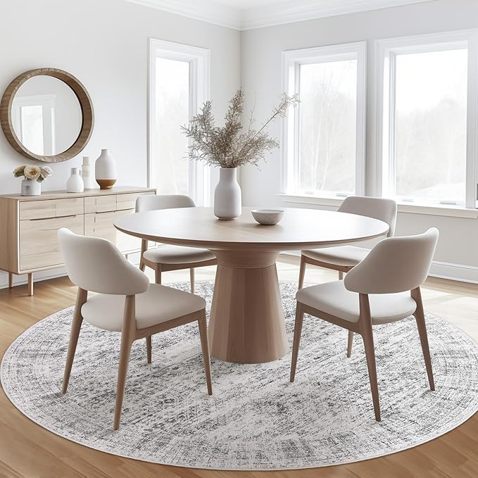 Soalmost 6x6 Grey Round Rug 6ft Living Room Circle Rug Gray Vintage Round Area Rug Non Slip Indoor Carpet for Dining Room Bedroom