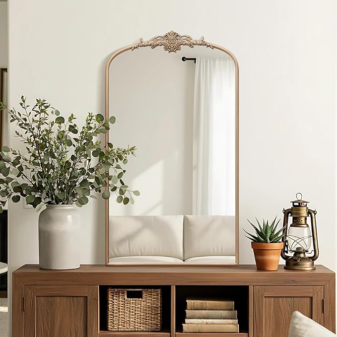 Besdomus Vintage Gold Wall Mirror: 24"x42" French Large Arch Champagne Gold Antique Vanity Wall Mirror - Traditional Ornate Metal Framed for Entryway/Fireplace/Bathroom - Baroque Idea for Housewife