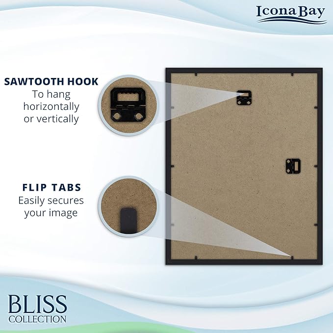 Icona Bay - 11x14 Black Picture Frame with Removable Mat for 8x10 Photo - Modern Style Engineered Wood Frame - Wall Mount Only - Bliss Collection