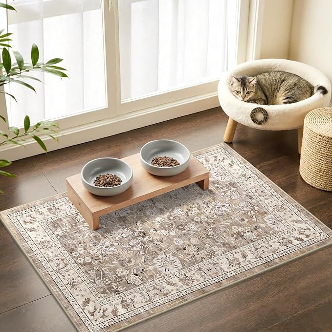 LOKHOM Washable Area Rug, 2x3 Non-Slip Hallway Rug Vintage Soft Small Kitchen Area Carpet, Boho Floral Faux Wool Door Mat Indoor Entrance Accent Throw Rugs for Bedroom Kitchen Laundry(Beige Brown)