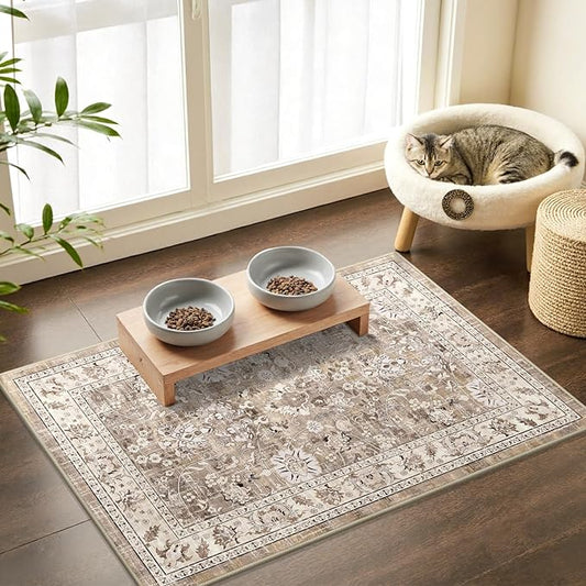 LOKHOM Washable Area Rug, 2x3 Non-Slip Hallway Rug Vintage Soft Small Kitchen Area Carpet, Boho Floral Faux Wool Door Mat Indoor Entrance Accent Throw Rugs for Bedroom Kitchen Laundry(Beige Brown)
