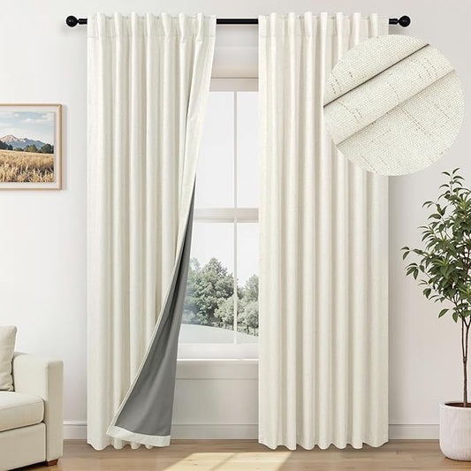 Neutral 80 Inch Nursery Blackout Curtains for Bedroom 80 Inches Long 2 Panel Thermal Curtain for Summer Heat Blocking Linen Textured Custom Made Drapes Pleated Back Tab Rustic Ceiling to Floor Length