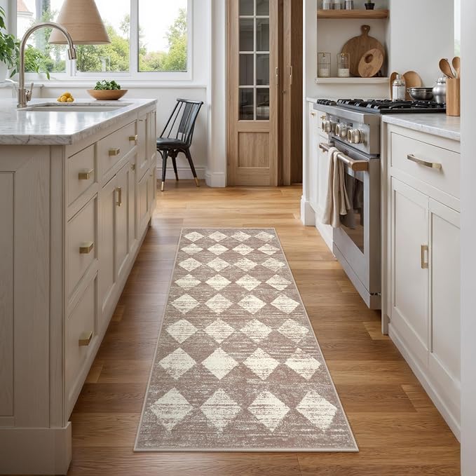 Lahome Zelie Machine Washable Bathroom Rugs Runner, 2x5 Non Slip Entryway Rugs Indoor Kitchen Runner Rug, Moroccan Trellis Non Skid Carpet Runners for Bedside Entrance Laundry Room, Beige
