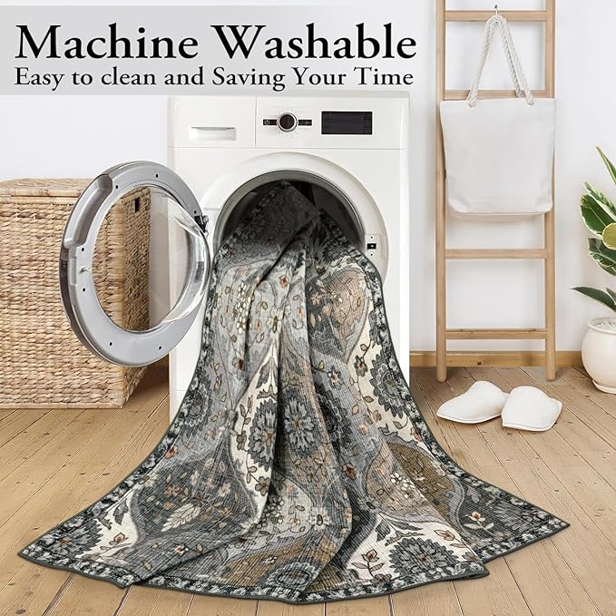 Lahome Moroccan 8x10 Area Rugs for Living Room, Washable Rugs 8x10 Ultra-Thin Oriental Non-Slip Non Shedding Accent Carpet for Bedroom Dining Room Office Nursery Elise, Grey