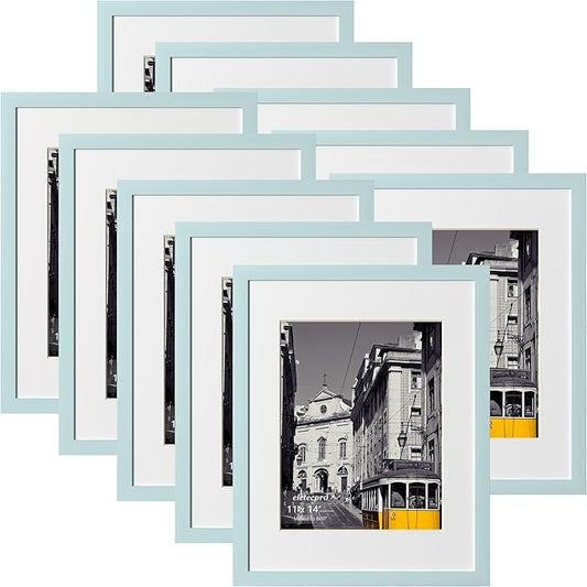 eletecpro 11x14 Picture Frames Set of 10, Picture Frame Collage Wall Decor Display 8x10 Photo with Mat or 11x14 without Mat, Home Decor Gallery Wall Frame for Wall Mounting, Sky Blue