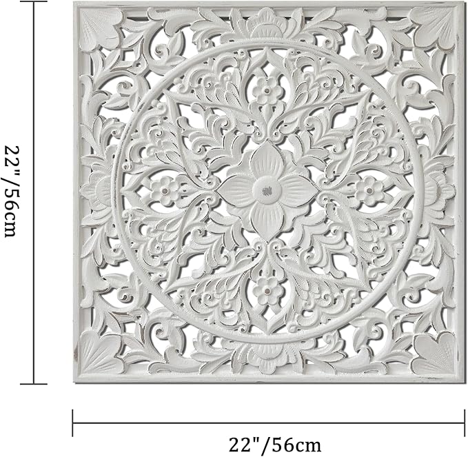 XIAOAIKA Boho Carved Wood Wall Sculpture, Intricate Floral Mandala Design with Distressed White Finish, Vintage Farmhouse Wall Art Panel with Solid Wood Frame for Bedroom Entryway (22" x 22")