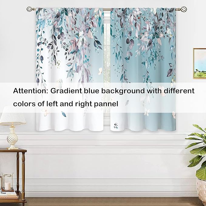 Eucalyptus Botanical Leaves Floral Kitchen Window Curtains Butterfly Farmhouse Flower Leaf Small Window Treatment Blue Grey Cafe Short Curtains for Bathroom Treatment Tier Drapes 27.9x39 inch