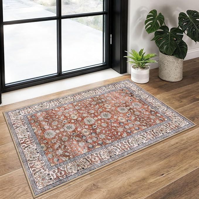 KUTA Vintage Floral Red Clay Entryway Rug 2x3, Kitchen Rugs Non-Slip Washable Throw Rug, Ultra Thin Soft Print Front Door Mat Indoor Doormat for Entrance, Bedside, or Small Spaces