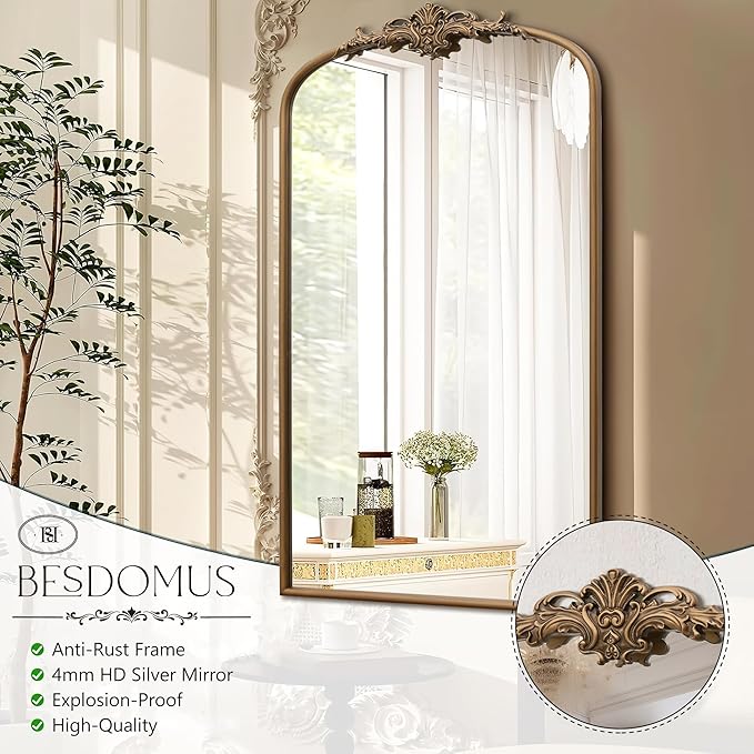 Besdomus Vintage Gold Arched Mirror: 24"x42" French Large Arch Gold Antique Vanity Wall Mounted Mirror - Traditional Ornate Metal Framed for Entryway/Fireplace/Bathroom - Idea for Homemakers