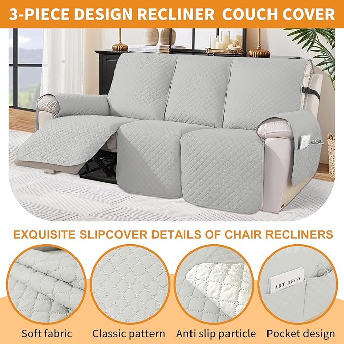 XINEAGE Water Resistant Recliner Cover, 3 seat Recliner Sofa Covers with Pockets, Quilted Thick Recliner Protector Cover for Dog Pets with Non Slip Backing and Strap (Recliner Sofa, Light Gray)