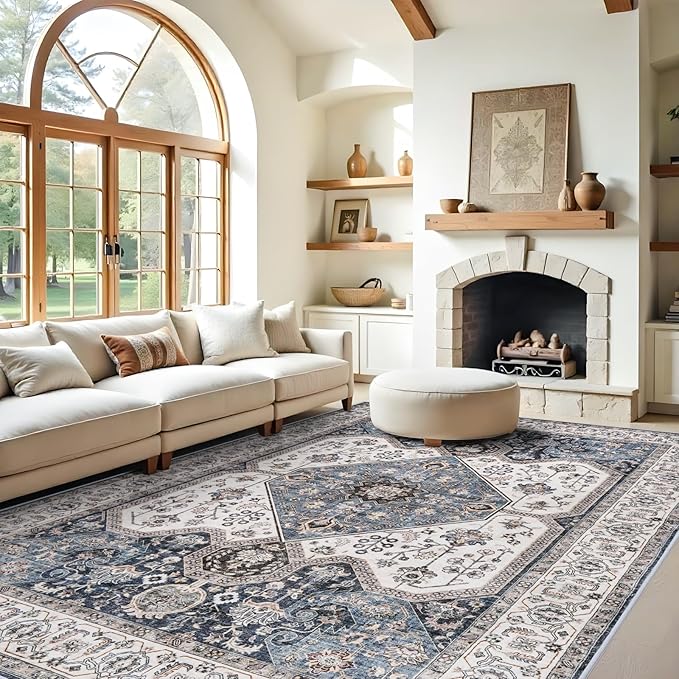 Living Room 9x12 Area Rugs - Large Boho Rugs for Living Room Stain Resistant Carpet Vintage Tribal Rugs for Bedroom Kitchen Bathroom with Non Slip Backing Home Decor Floor Decor Mat 9x12 Navy/Blue