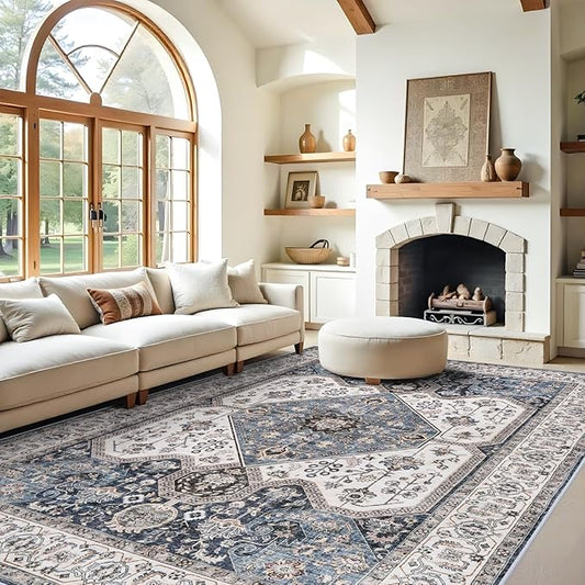 Living Room 9x12 Area Rugs - Large Boho Rugs for Living Room Stain Resistant Carpet Vintage Tribal Rugs for Bedroom Kitchen Bathroom with Non Slip Backing Home Decor Floor Decor Mat 9x12 Navy/Blue