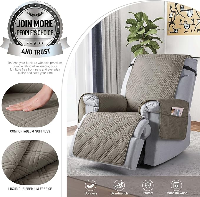 TAOCOCO 100% Waterproof Recliner Chair Cover Stay in Place, Recliner Covers for Small Recliner Chair with Pocket, Reclining Chair Cover Furniture Protector for Kids, Pets(20'', Light Brown)